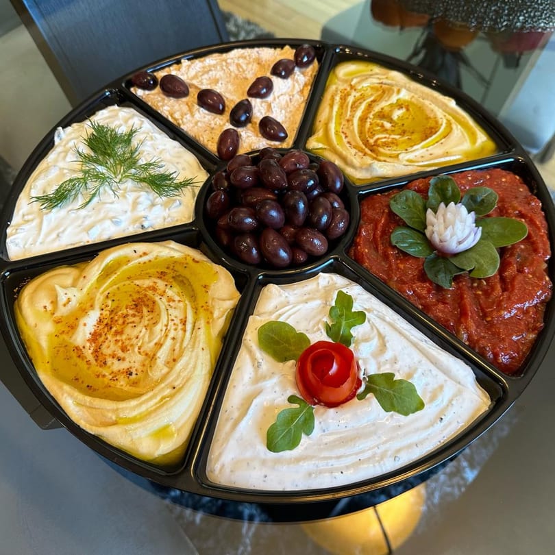 A black platter with six Mediterranean dips, including hummus, tzatziki, and red pepper dip, with olives.